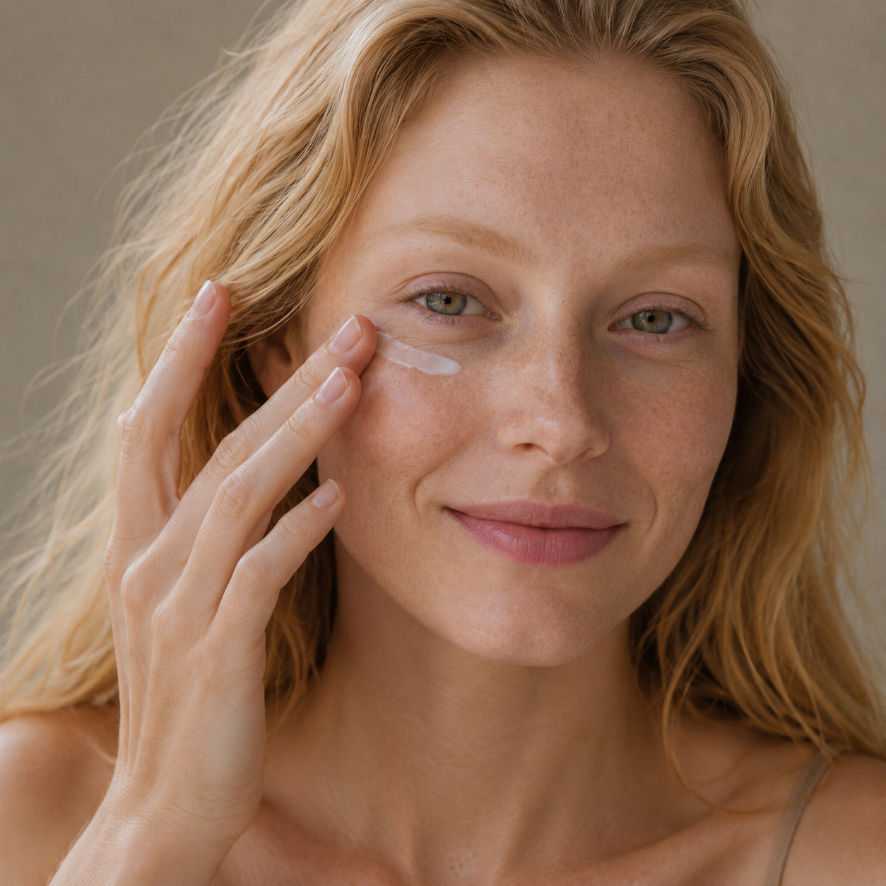Model applying Skinmoods Calming Eye Cream on her face
