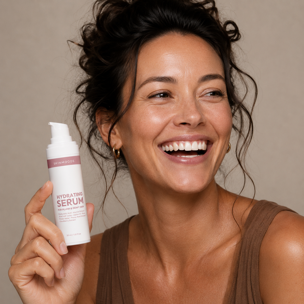Model with Skinmoods Hydrating Serum in her hand
