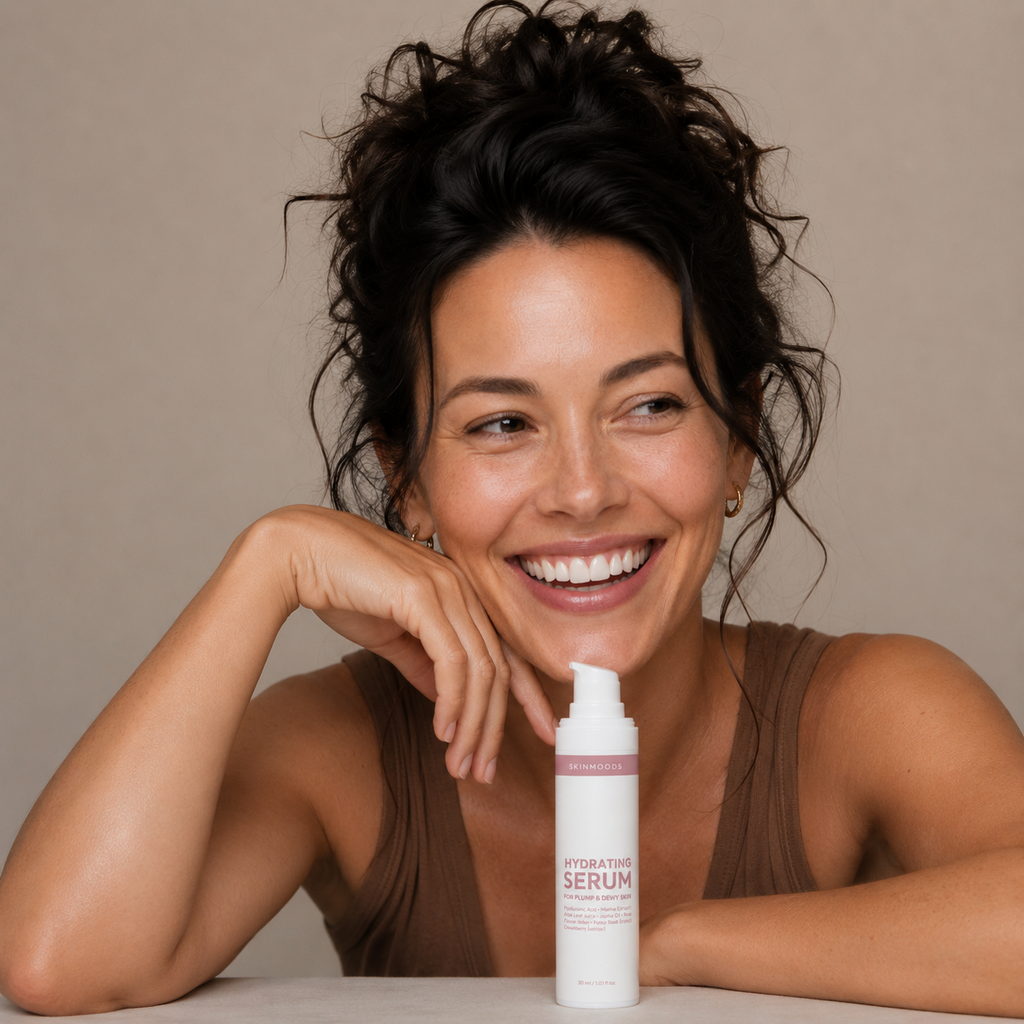 Model with Skinmoods Hydrating Serum in front of her