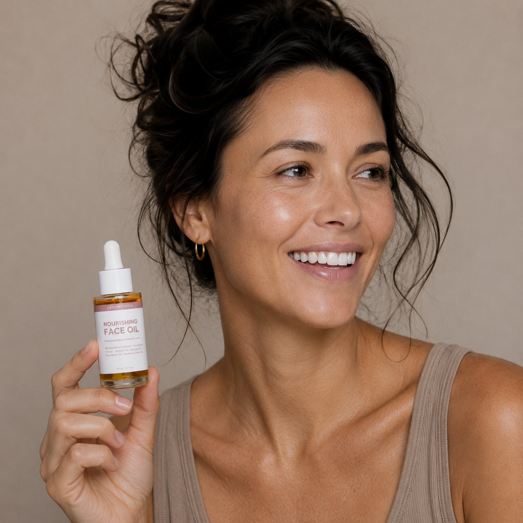 Model with Skinmoods Nourishing Face Oil in her hand
