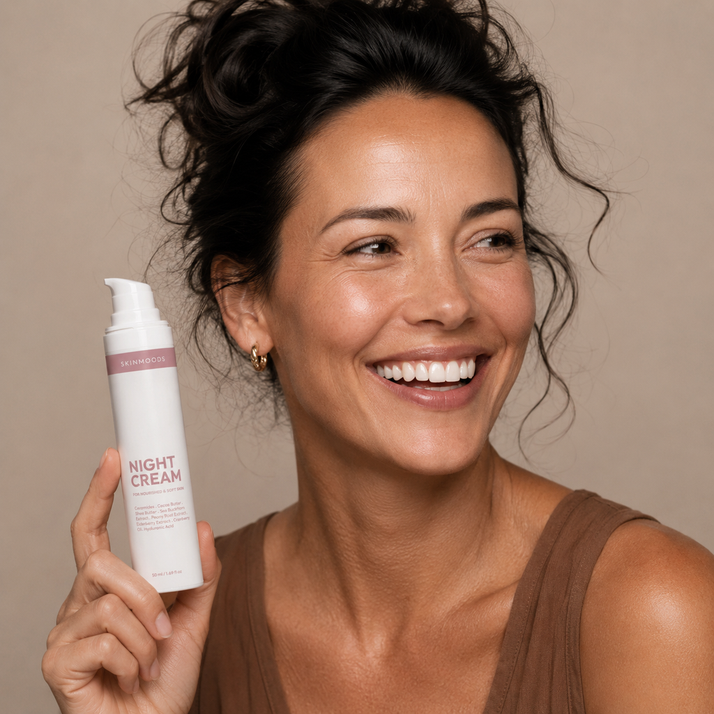 Model with Skinmoods Nourishing Night Cream in her hand