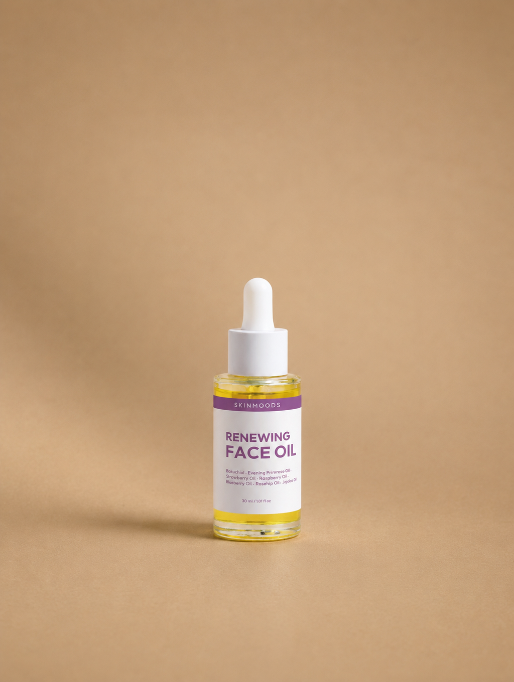 Skinmoods Renewing Face Oil single bottle in a studio photo
