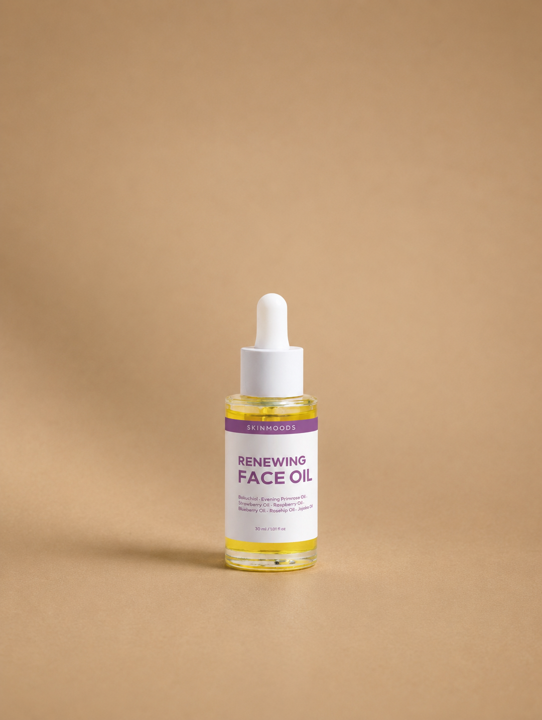 Skinmoods Renewing Face Oil single bottle in a studio photo