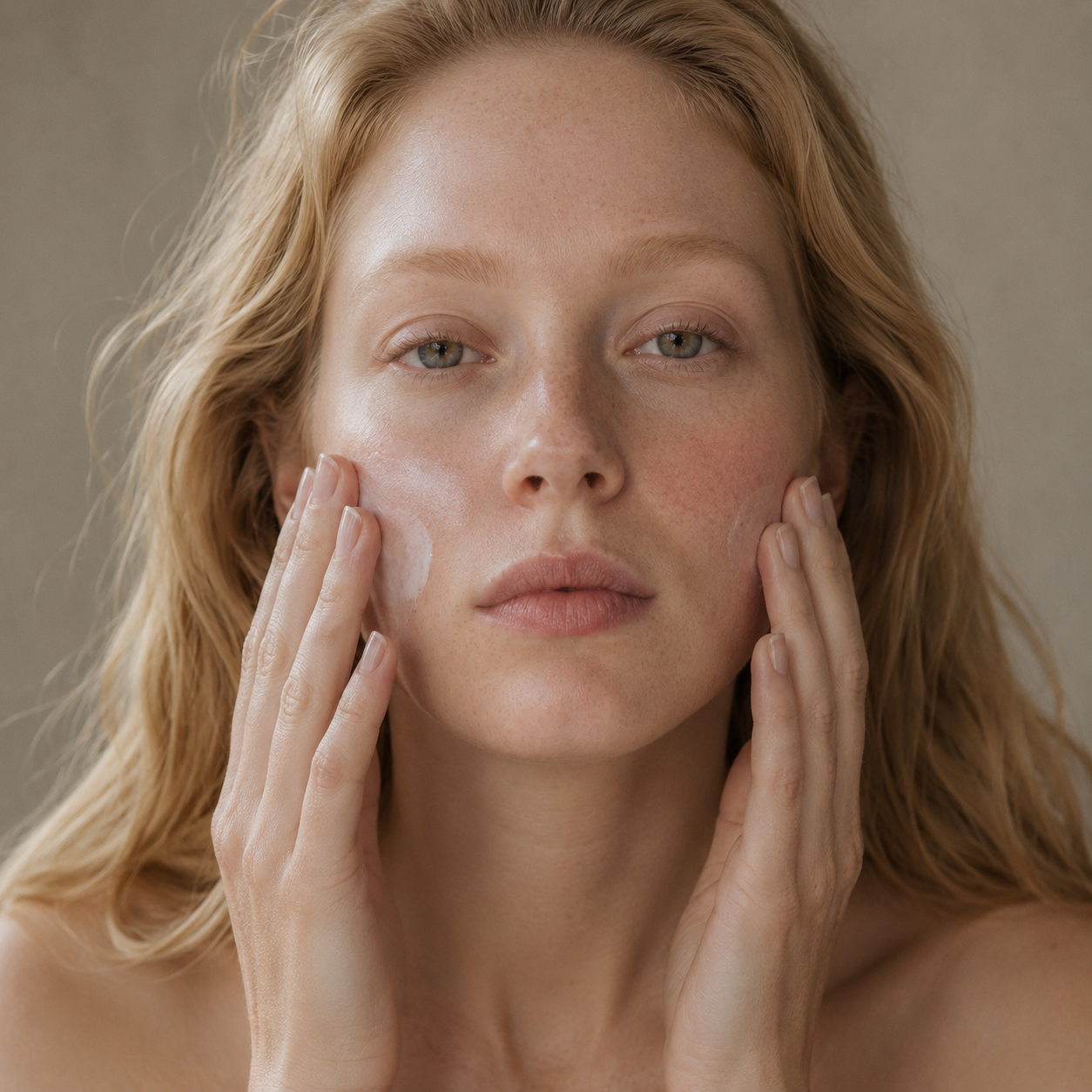Model applying Skinmoods Sensitive Day Cream on het face