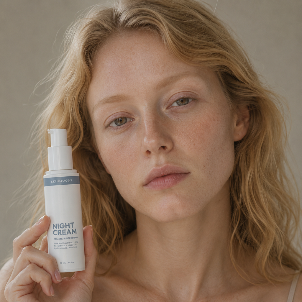 Model with Skinmoods Sensitive Night Cream  in her hand