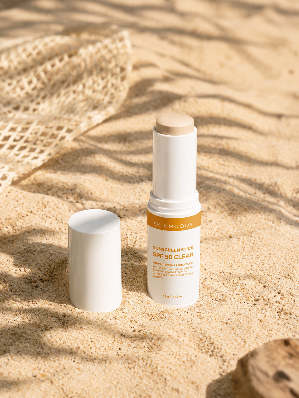 Skinmoods Sunscreen Stick SPF50 Clear on a sunny and beach