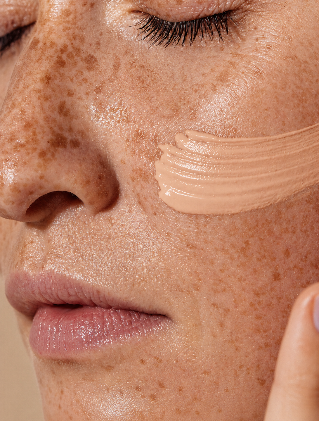 Face of a model in sunlifgt with a light texture of Skinmoods Sunscreen Stick SPF50 Tinted  on her face