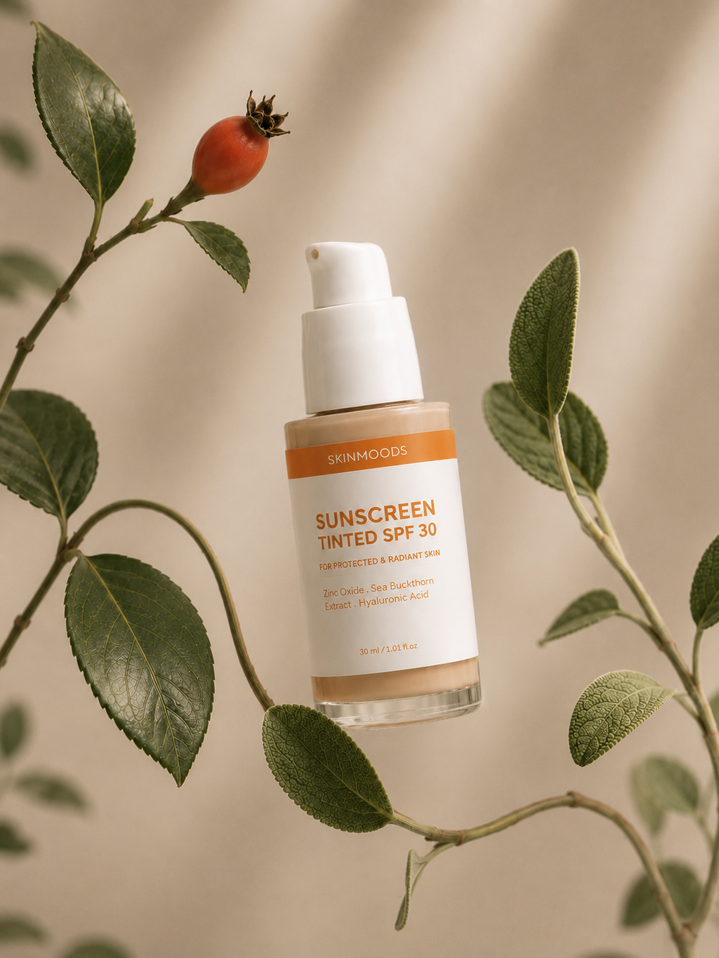 Skinmoods Sunscreen Tinted SPF30 surounded with the ingredient sea buckthorn