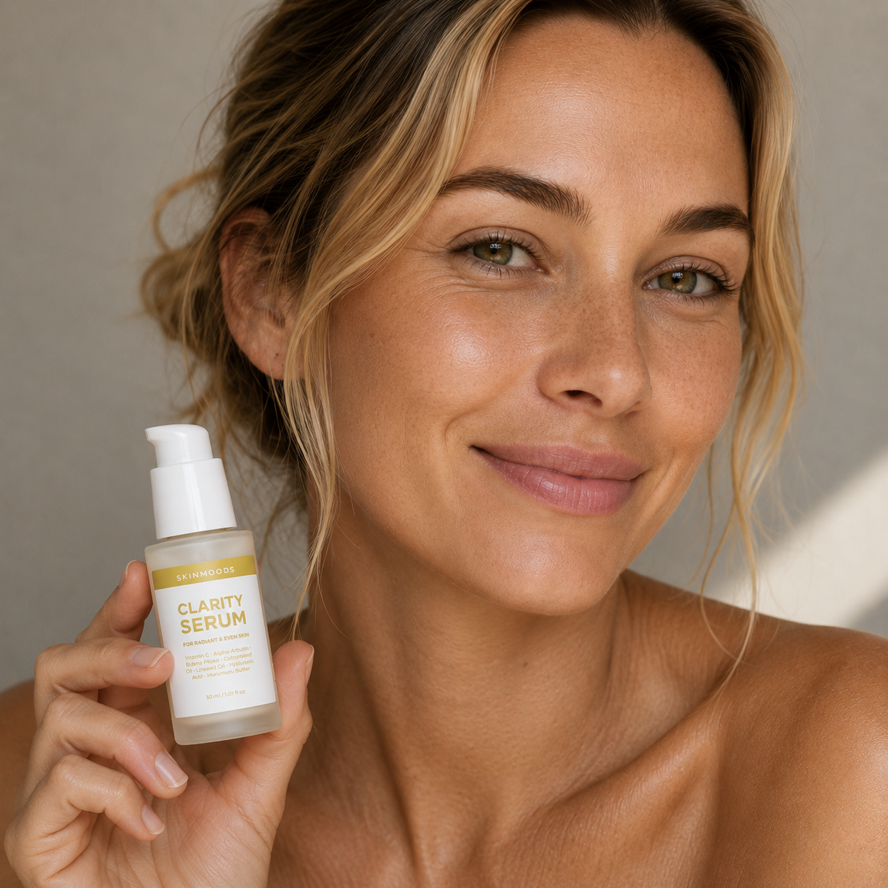 Model with Skinmoods Clarity Serum in her hand