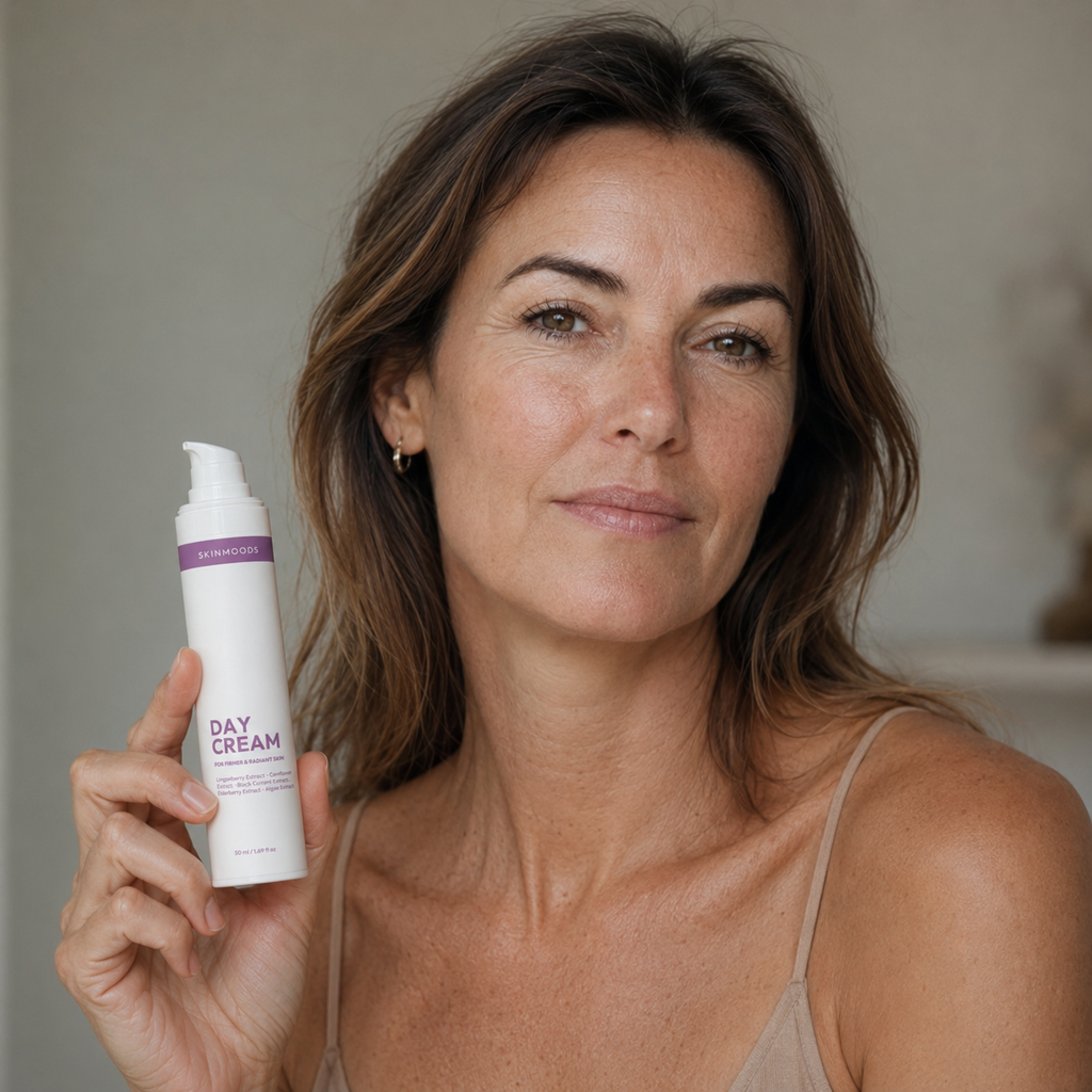 model with the skinmoods restoring day cream in her hand