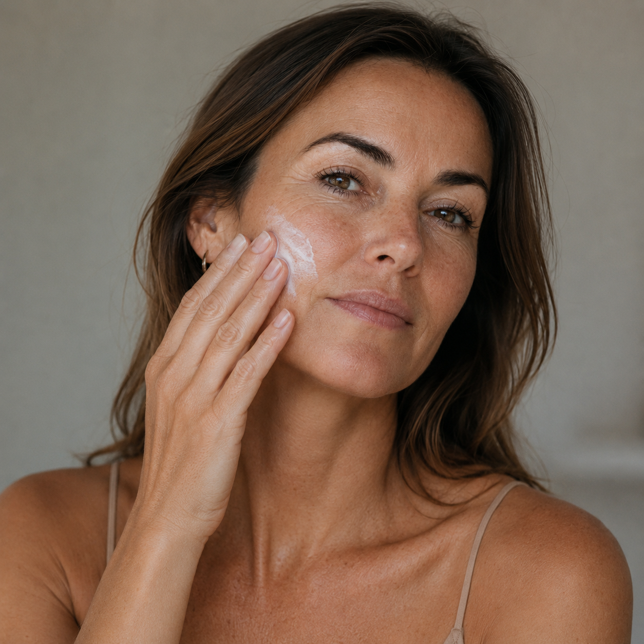 Model applying cream texture skinmoods restoring day cream
