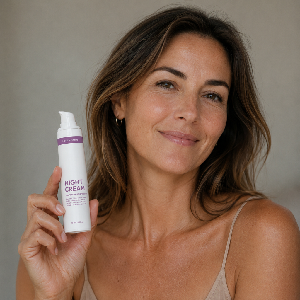 Model with a skinmoods restoring night cream in her hand