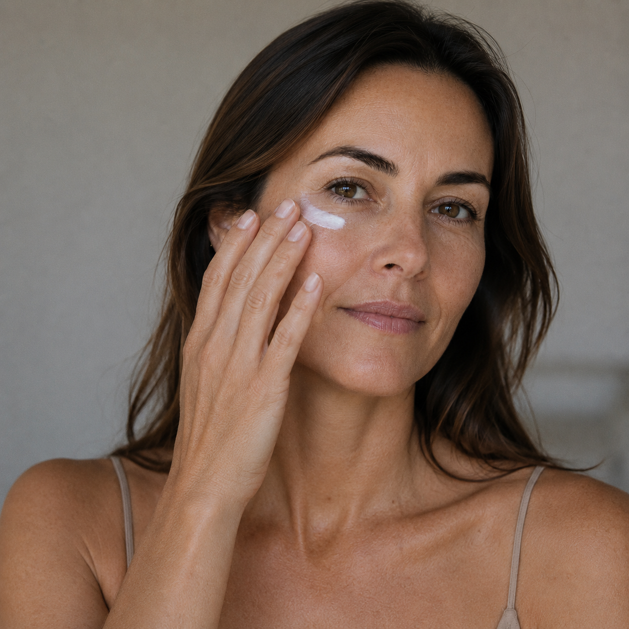 Model applying skinmoods smoothing eye cream on her skin