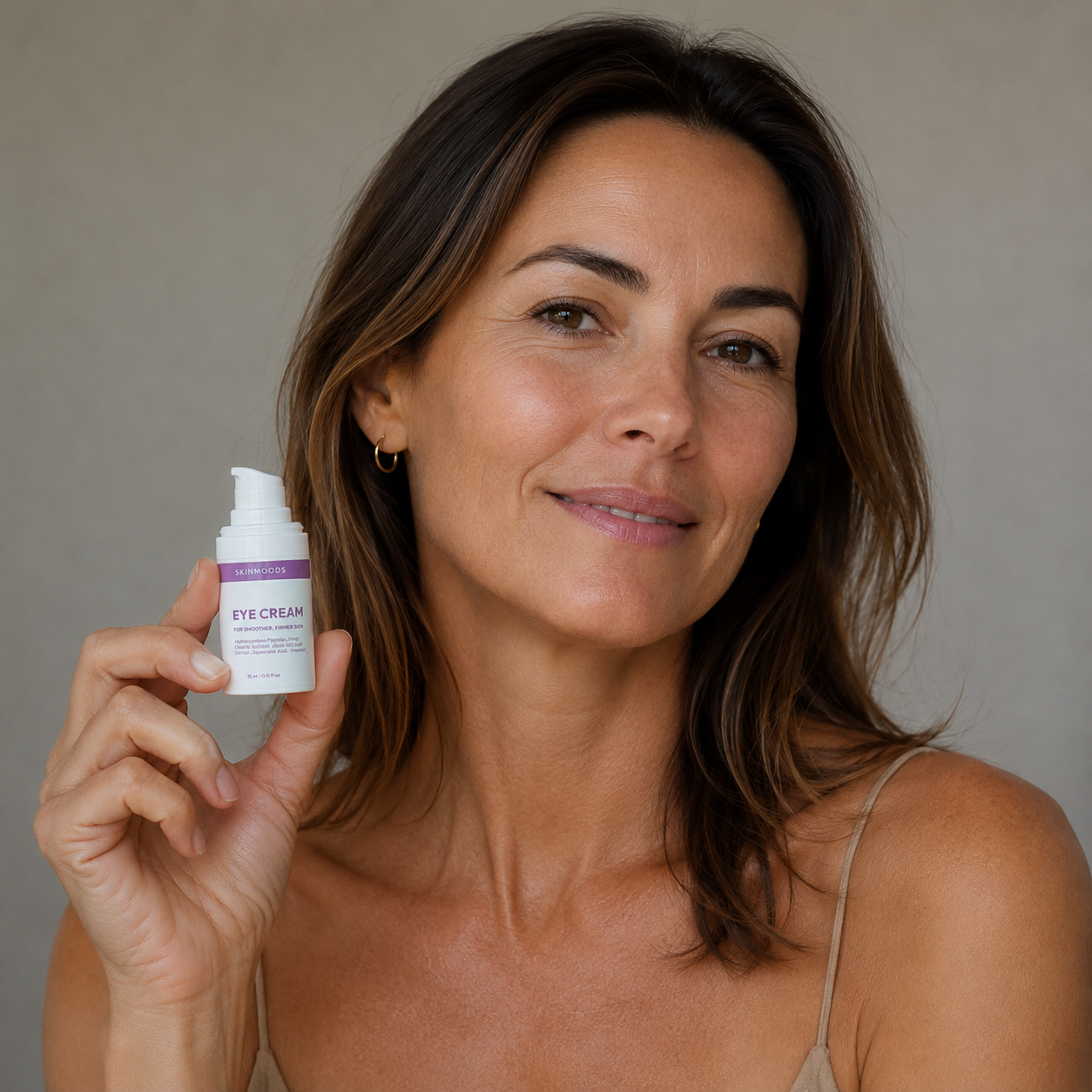 Model with skinmoods smoothing eye cream in her hand for firming skin